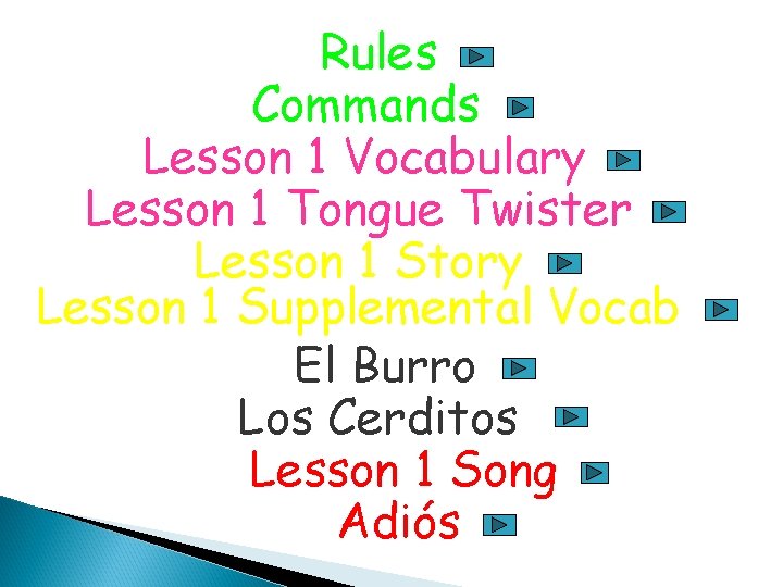 Rules Commands Lesson 1 Vocabulary Lesson 1 Tongue Twister Lesson 1 Story Lesson 1