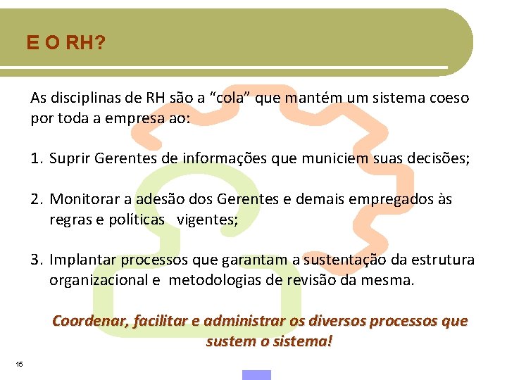 E O RH? As disciplinas de RH são a “cola” que mantém um sistema