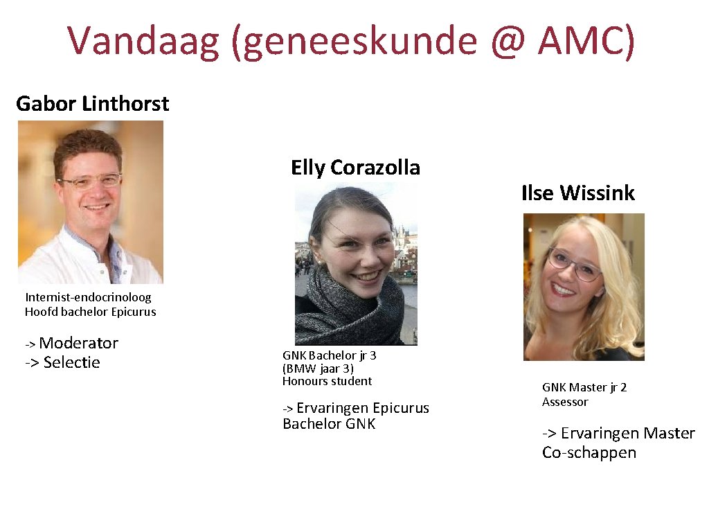 Vandaag (geneeskunde @ AMC) Gabor Linthorst Elly Corazolla Ilse Wissink Internist-endocrinoloog Hoofd bachelor Epicurus