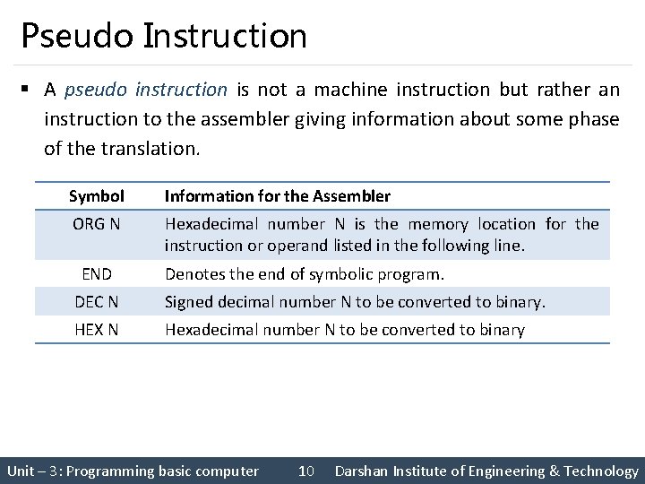 Pseudo Instruction § A pseudo instruction is not a machine instruction but rather an Pseudo Instruction § A pseudo instruction is not a machine instruction but rather an