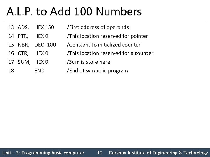 A. L. P. to Add 100 Numbers 13 ADS, HEX 150 14 PTR, HEX