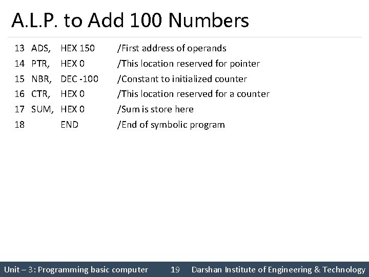 A. L. P. to Add 100 Numbers 13 ADS, HEX 150 14 PTR, HEX A. L. P. to Add 100 Numbers 13 ADS, HEX 150 14 PTR, HEX