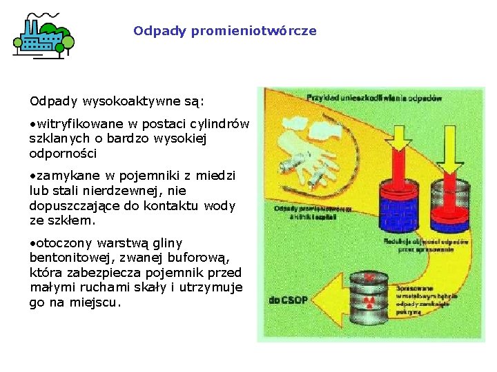Odpady promieniotwórcze Odpady wysokoaktywne są: • witryfikowane w postaci cylindrów szklanych o bardzo wysokiej