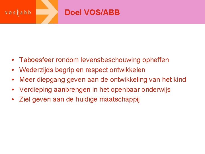 Doel VOS/ABB • • • Taboesfeer rondom levensbeschouwing opheffen Wederzijds begrip en respect ontwikkelen