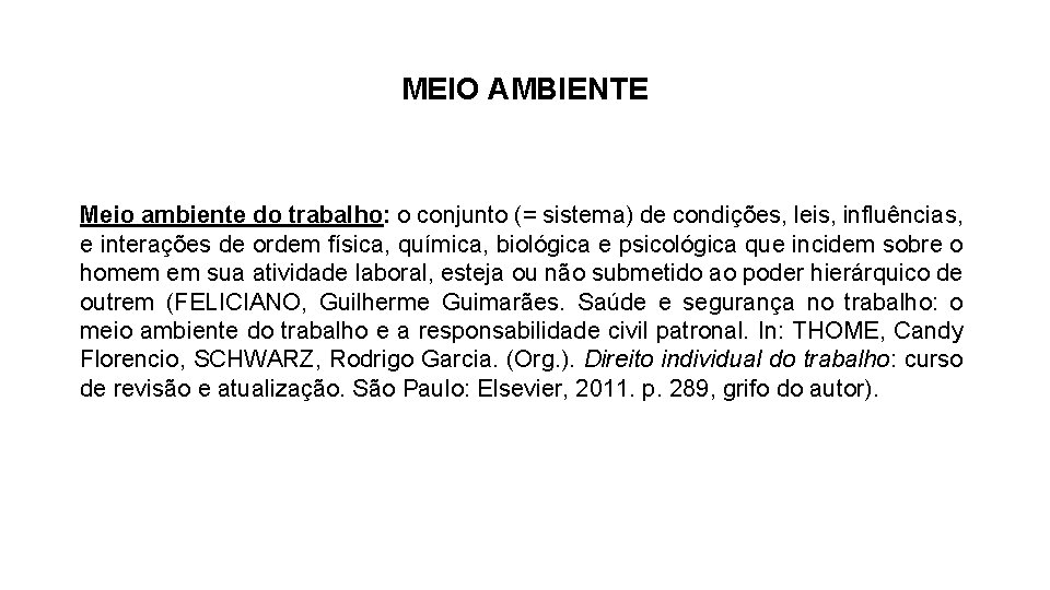 MEIO AMBIENTE Meio ambiente do trabalho: o conjunto (= sistema) de condições, leis, influências,