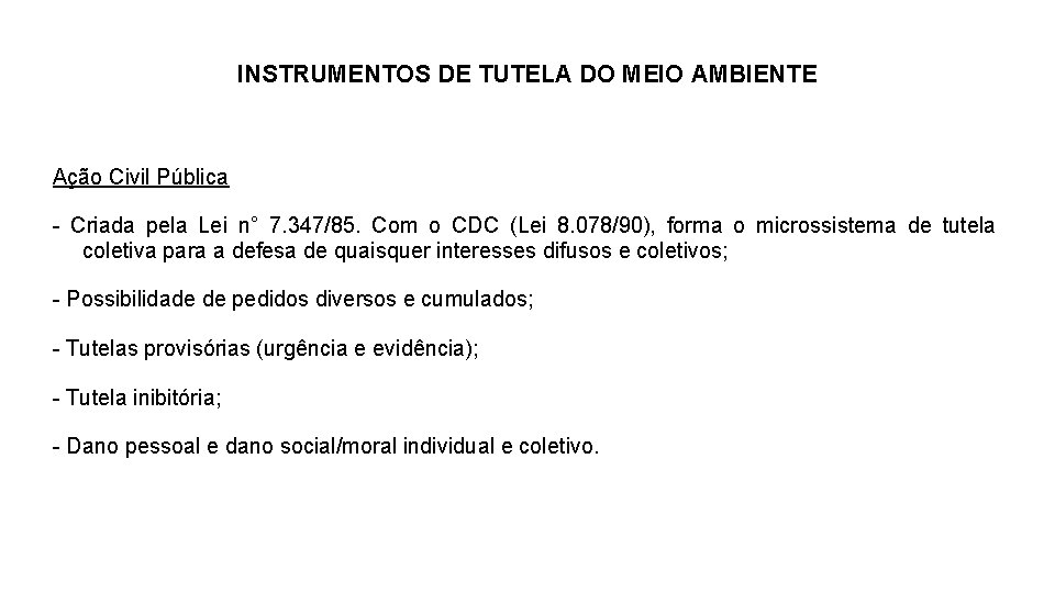 INSTRUMENTOS DE TUTELA DO MEIO AMBIENTE Ação Civil Pública - Criada pela Lei n°