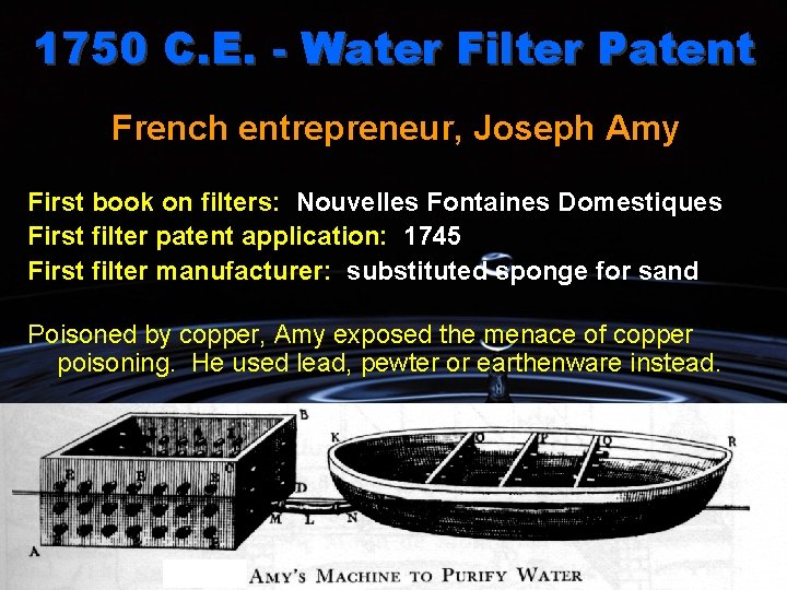 1750 C. E. - Water Filter Patent French entrepreneur, Joseph Amy First book on