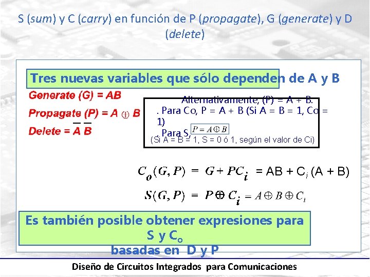 S (sum) y C (carry) en función de P (propagate), G (generate) y D