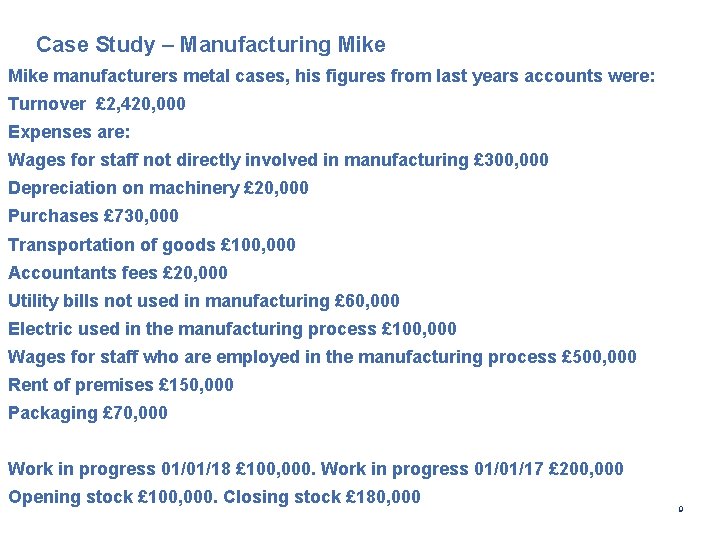 Case Study – Manufacturing Mike manufacturers metal cases, his figures from last years accounts