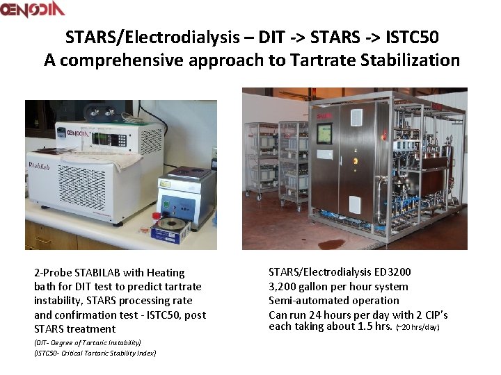 STARS/Electrodialysis – DIT -> STARS -> ISTC 50 A comprehensive approach to Tartrate Stabilization