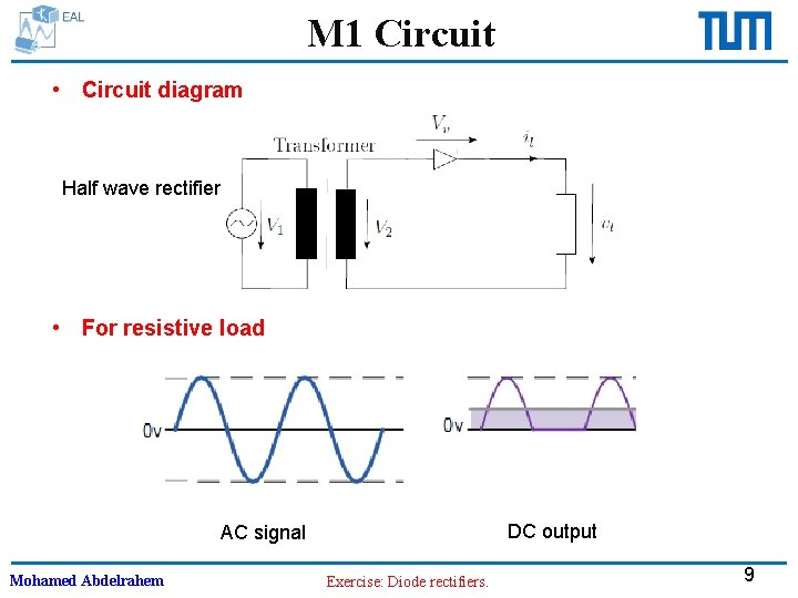 M 1 Circuit • Circuit diagram Half wave rectifier • For resistive load DC