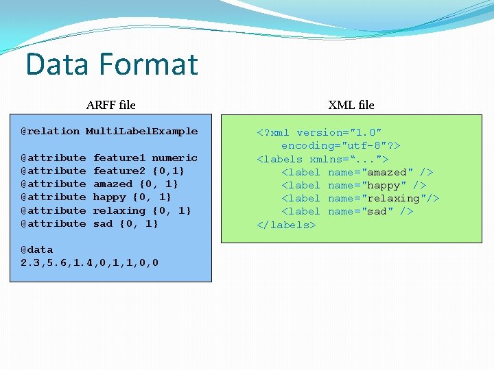 Data Format ARFF file @relation Multi. Label. Example @attribute feature 1 numeric @attribute feature Data Format ARFF file @relation Multi. Label. Example @attribute feature 1 numeric @attribute feature