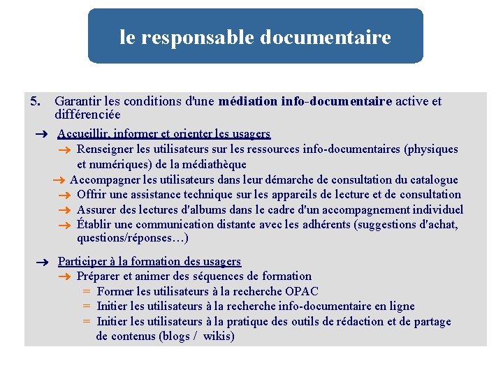 le responsable documentaire 5. Garantir les conditions d'une médiation info-documentaire active et différenciée Accueillir,