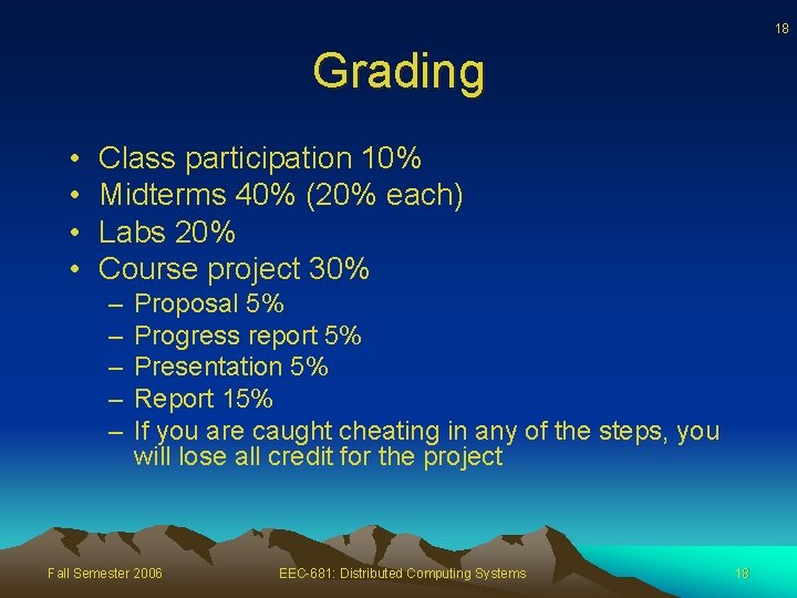 18 Grading • • Class participation 10% Midterms 40% (20% each) Labs 20% Course