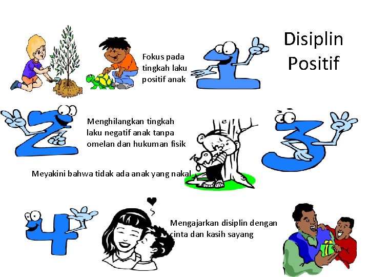 Fokus pada tingkah laku positif anak Menghilangkan tingkah laku negatif anak tanpa omelan dan