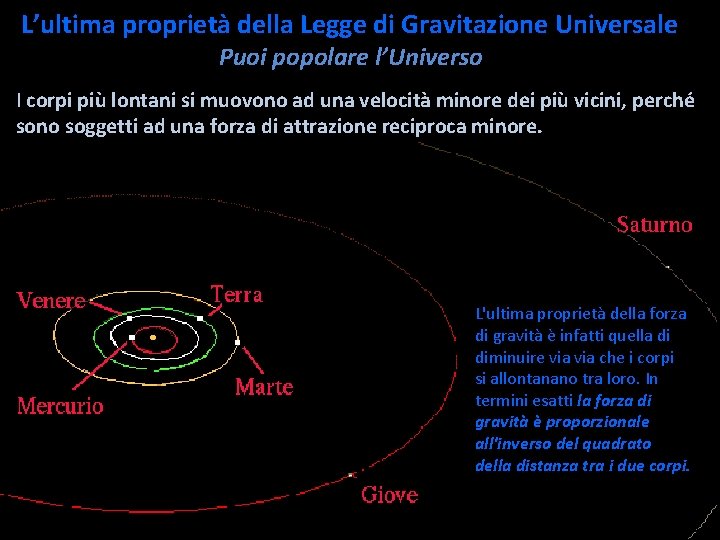 L’ultima proprietà della Legge di Gravitazione Universale Puoi popolare l’Universo I corpi più lontani