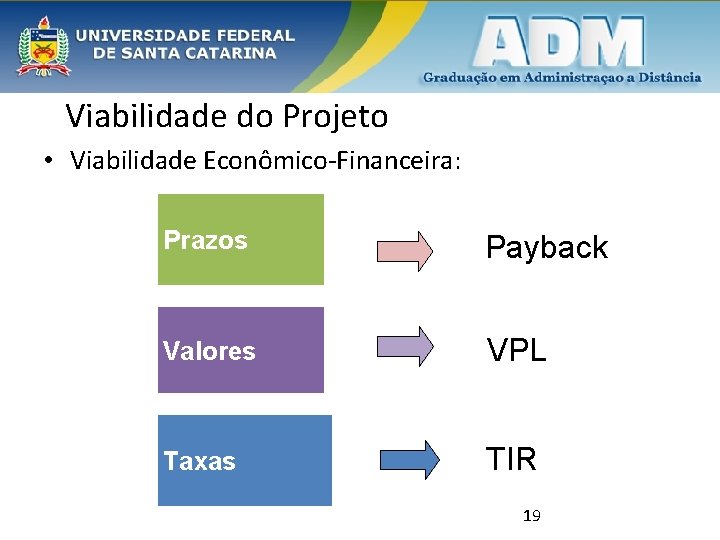 Viabilidade do Projeto • Viabilidade Econômico-Financeira: Prazos Payback Valores VPL Taxas TIR 19 