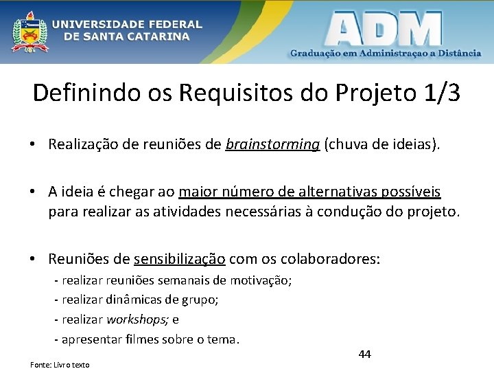 Definindo os Requisitos do Projeto 1/3 • Realização de reuniões de brainstorming (chuva de