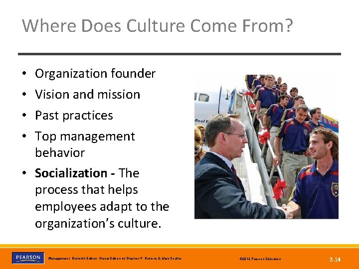Where Does Culture Come From? • • Organization founder Vision and mission Past practices