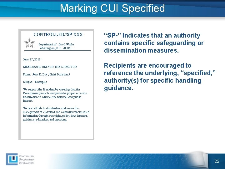 Marking CUI Specified CONTROLLED//SP-XXX Department of Good Works Washington, D. C. 20006 “SP-” Indicates