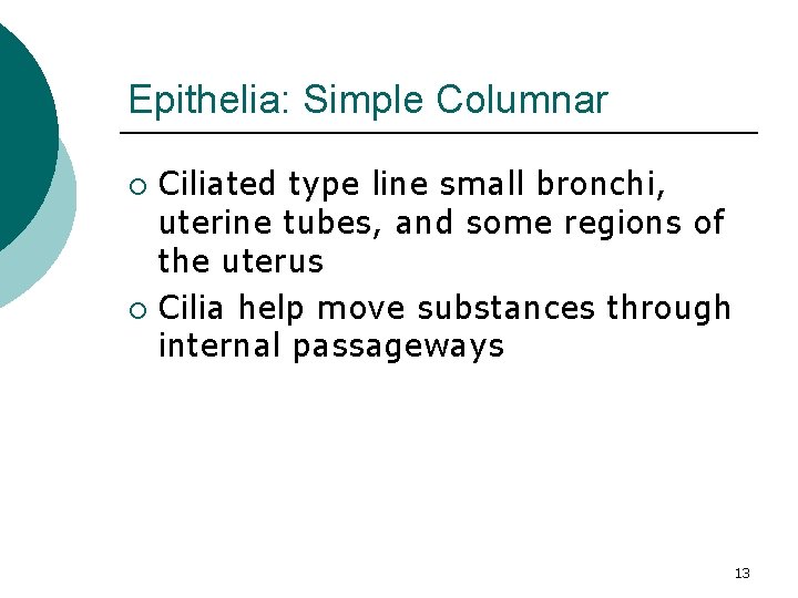 Epithelia: Simple Columnar Ciliated type line small bronchi, uterine tubes, and some regions of