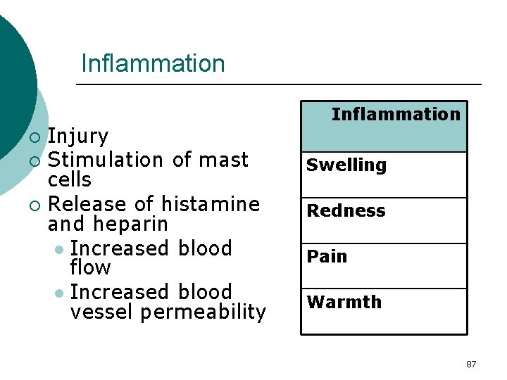 Inflammation Injury ¡ Stimulation of mast cells ¡ Release of histamine and heparin l
