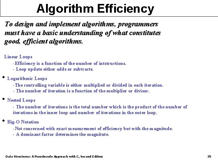 Algorithm Efficiency To design and implement algorithms, programmers must have a basic understanding of