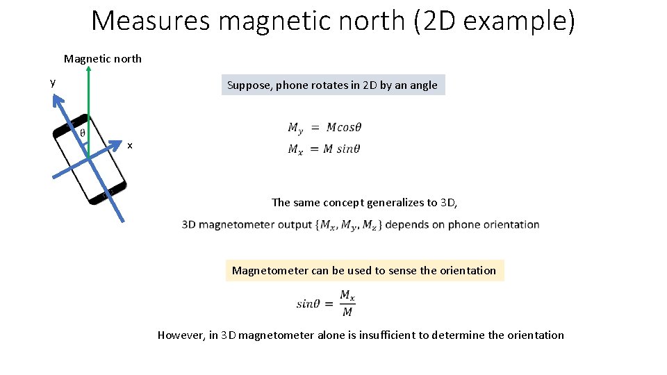 Measures magnetic north (2 D example) Magnetic north y Suppose, phone rotates in 2