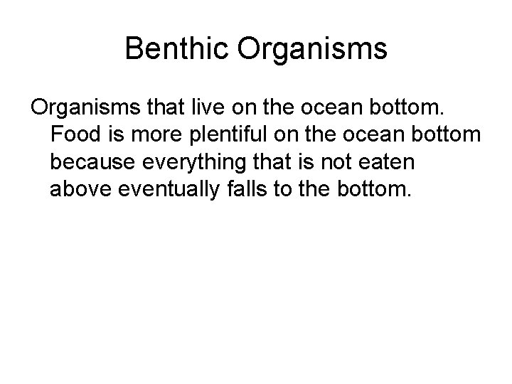 Benthic Organisms that live on the ocean bottom. Food is more plentiful on the