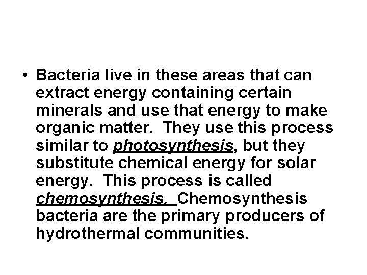  • Bacteria live in these areas that can extract energy containing certain minerals