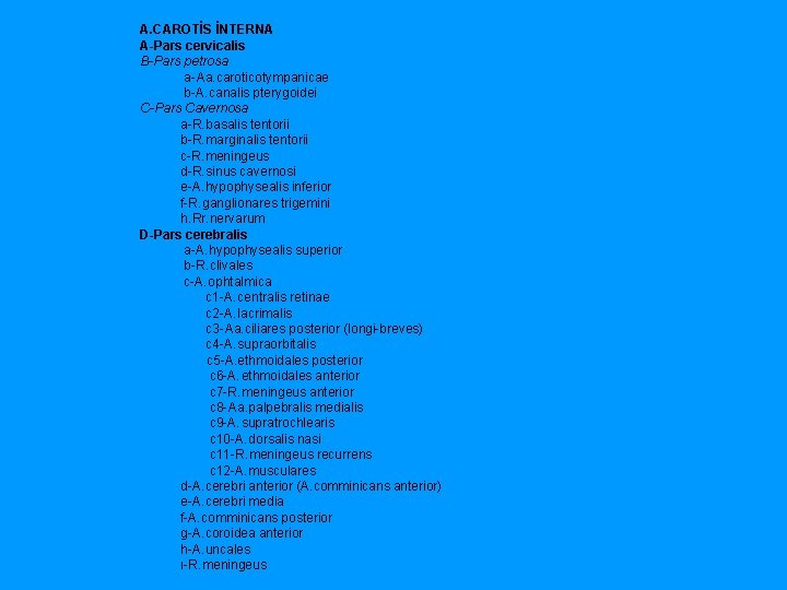 A. CAROTİS İNTERNA A-Pars cervicalis B-Pars petrosa a Aa. caroticotympanicae b A. canalis pterygoidei