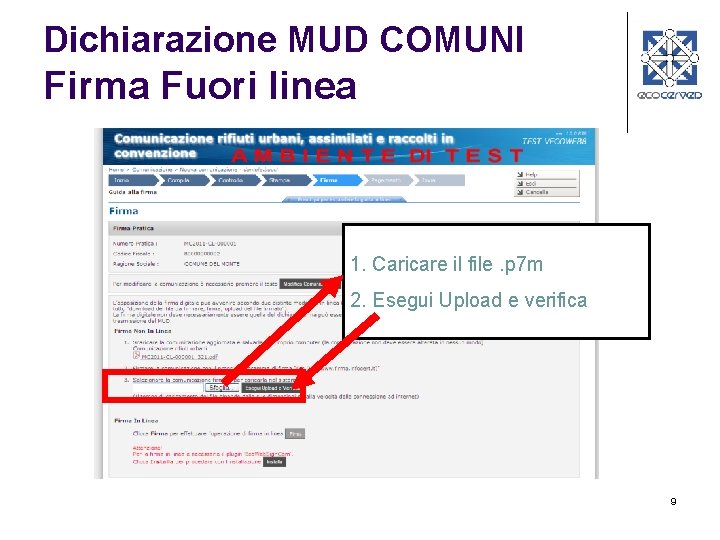 Dichiarazione MUD COMUNI Firma Fuori linea 1. Caricare il file. p 7 m 2.