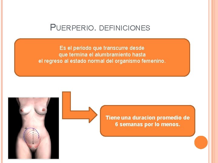 PUERPERIO. DEFINICIONES Es el periodo que transcurre desde que termina el alumbramiento hasta el
