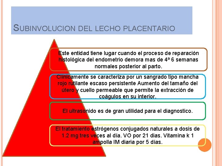 SUBINVOLUCION DEL LECHO PLACENTARIO Este entidad tiene lugar cuando el proceso de reparación histológica