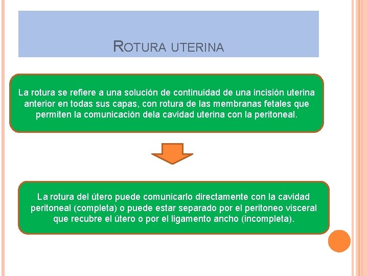 ROTURA UTERINA La rotura se refiere a una solución de continuidad de una incisión