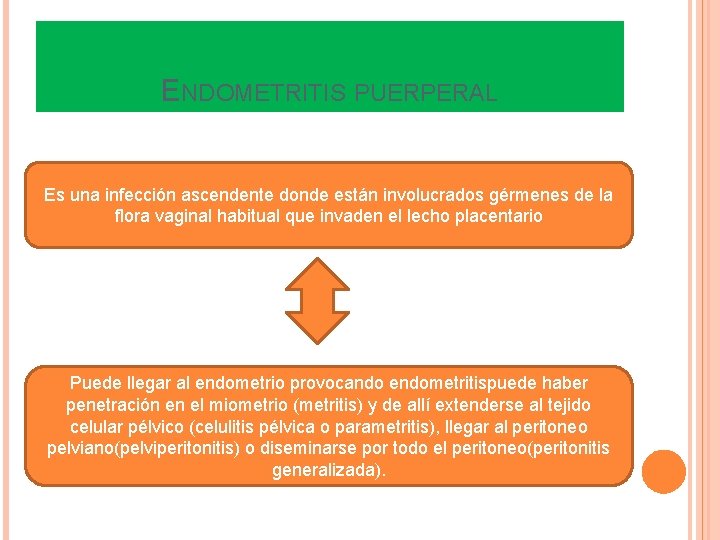ENDOMETRITIS PUERPERAL Es una infección ascendente donde están involucrados gérmenes de la flora vaginal