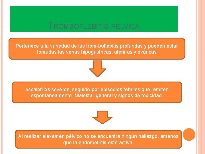 TROMBOFLEBITIS PÉLVICA Pertenece a la variedad de las trom-boflebitis profundas y pueden estar tomadas