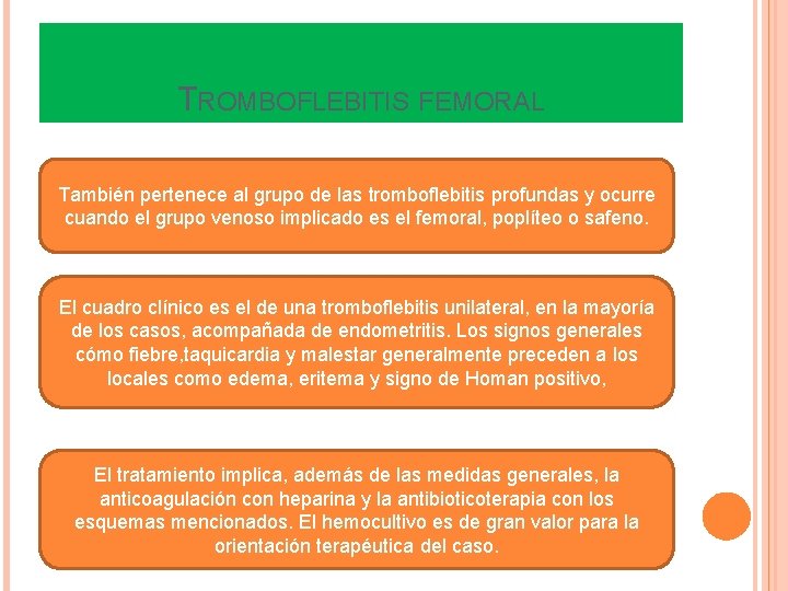 TROMBOFLEBITIS FEMORAL También pertenece al grupo de las tromboflebitis profundas y ocurre cuando el