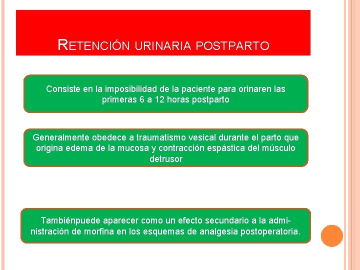 RETENCIÓN URINARIA POSTPARTO Consiste en la imposibilidad de la paciente para orinaren las primeras