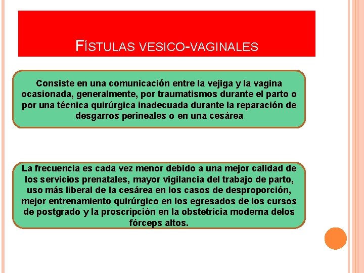 FÍSTULAS VESICO-VAGINALES Consiste en una comunicación entre la vejiga y la vagina ocasionada, generalmente,