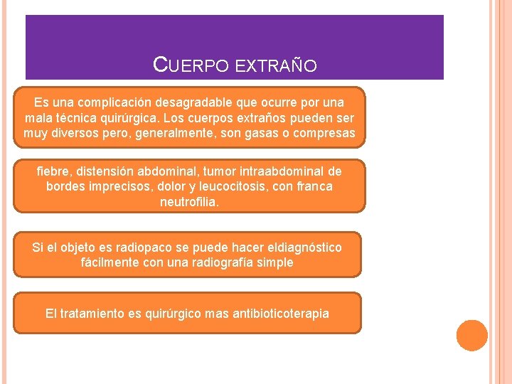 CUERPO EXTRAÑO Es una complicación desagradable que ocurre por una mala técnica quirúrgica. Los