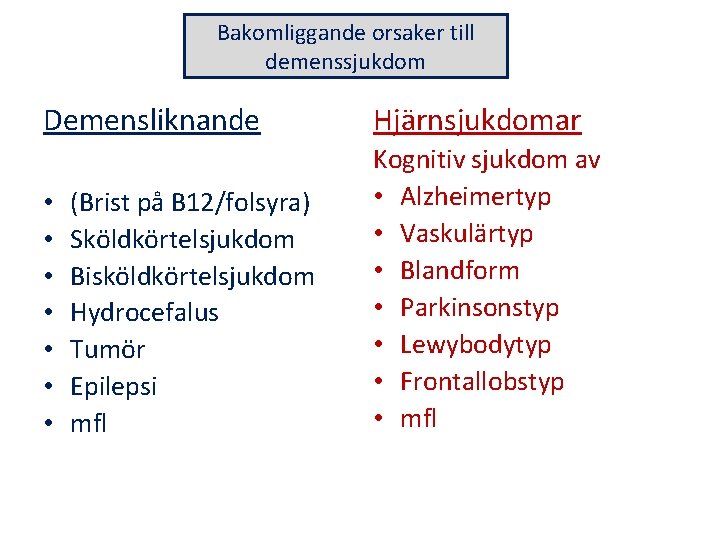 Bakomliggande orsaker till demenssjukdom Demensliknande • • (Brist på B 12/folsyra) Sköldkörtelsjukdom Bisköldkörtelsjukdom Hydrocefalus