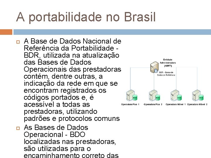 A portabilidade no Brasil A Base de Dados Nacional de Referência da Portabilidade BDR,