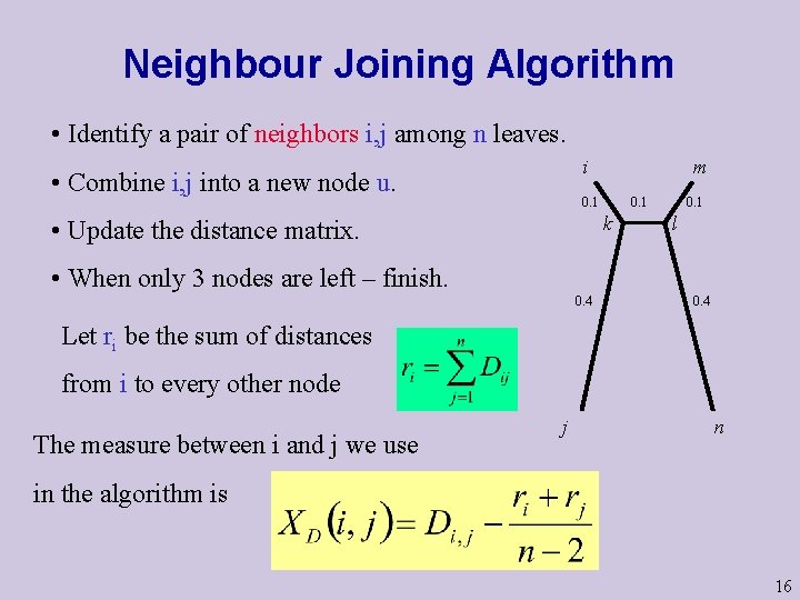 Neighbour Joining Algorithm • Identify a pair of neighbors i, j among n leaves. Neighbour Joining Algorithm • Identify a pair of neighbors i, j among n leaves.