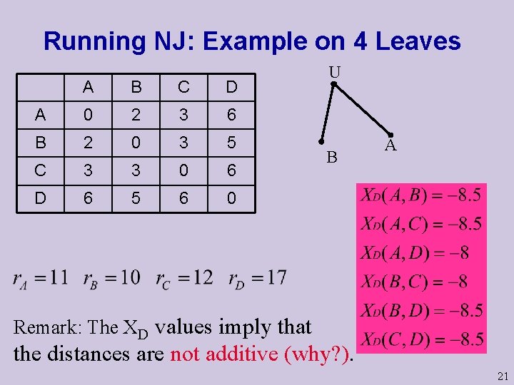 Running NJ: Example on 4 Leaves A B C D A 0 2 3 Running NJ: Example on 4 Leaves A B C D A 0 2 3