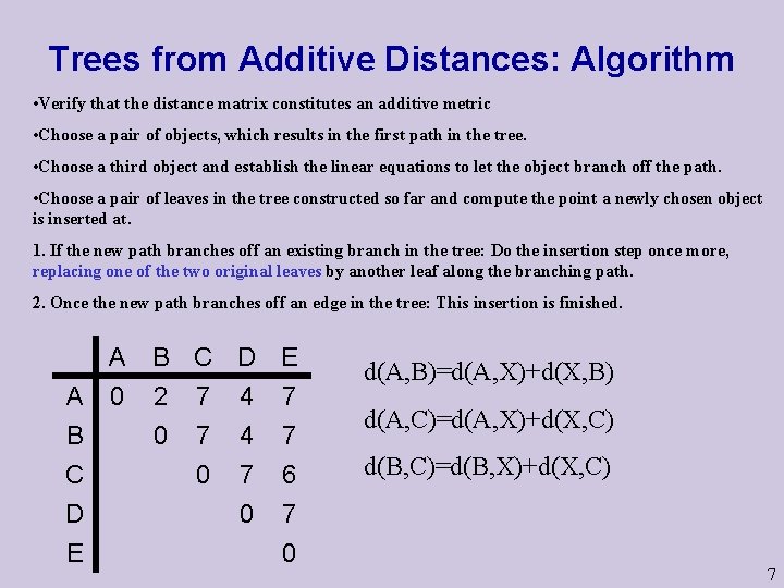 Trees from Additive Distances: Algorithm • Verify that the distance matrix constitutes an additive Trees from Additive Distances: Algorithm • Verify that the distance matrix constitutes an additive