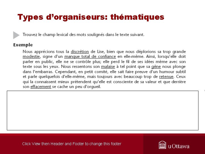 Types d’organiseurs: thématiques Click View then Header and Footer to change this footer 