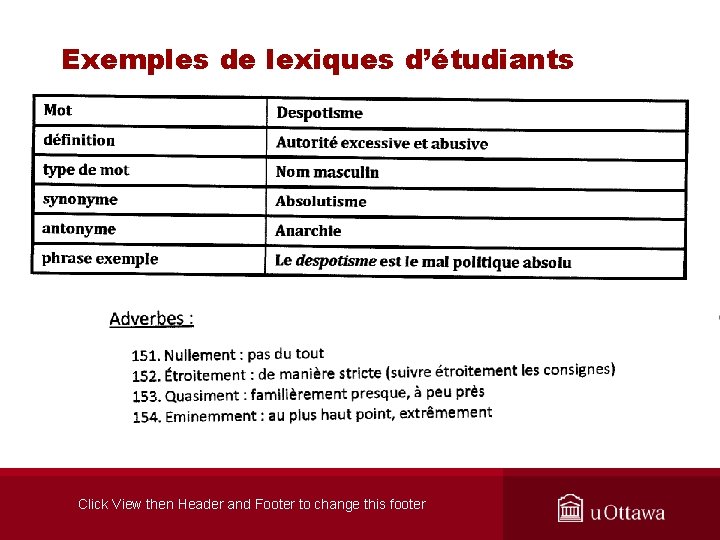 Exemples de lexiques d’étudiants Click View then Header and Footer to change this footer