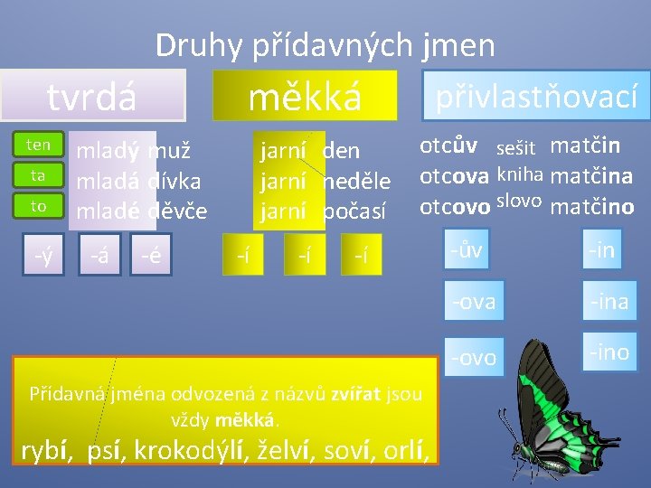 tvrdá ten ta to -ý Druhy přídavných jmen přivlastňovací měkká mladý muž mladá dívka