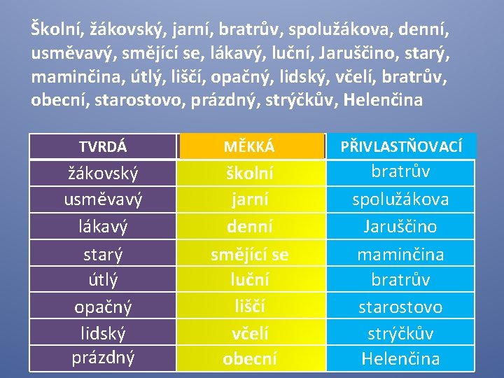 Školní, žákovský, jarní, bratrův, spolužákova, denní, usměvavý, smějící se, lákavý, luční, Jaruščino, starý, maminčina,